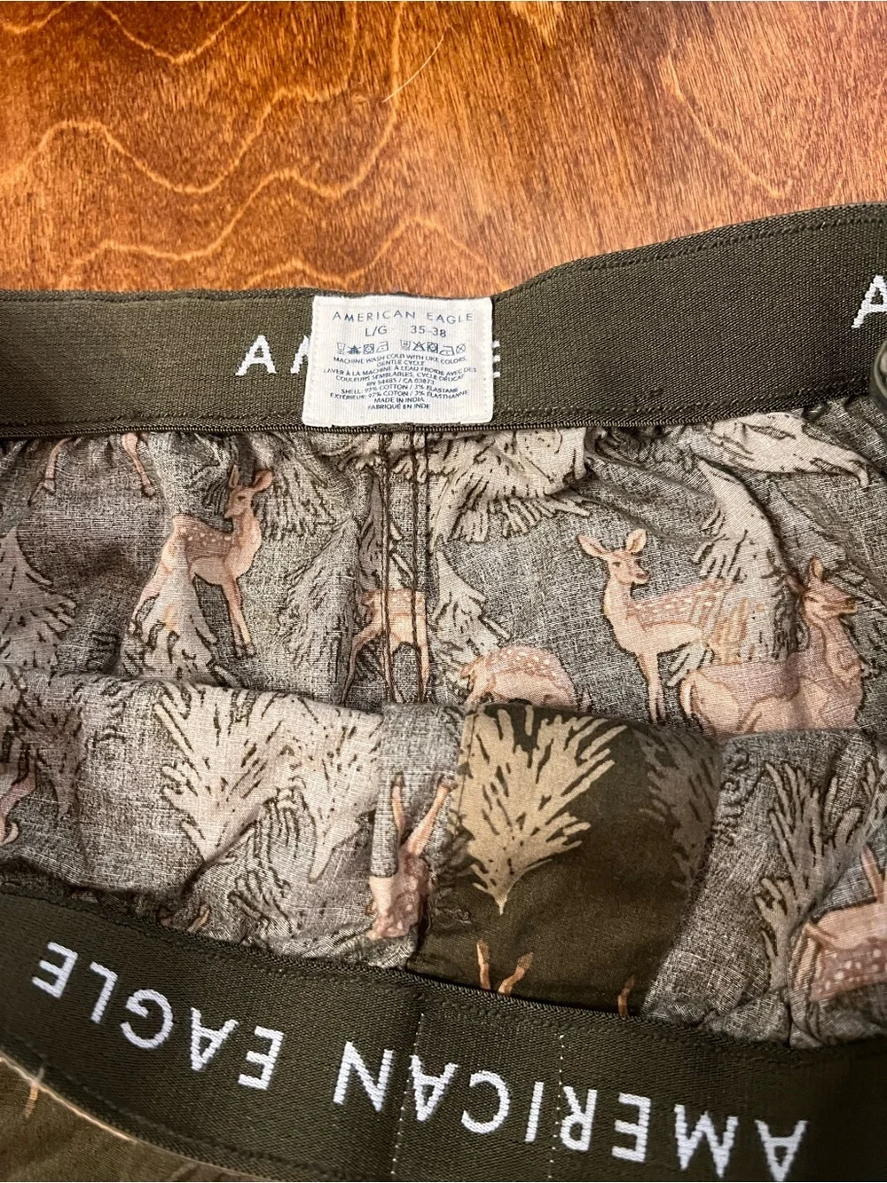 American Eagle Poplin Boxers Mens XL Deer Print Trees Army Green